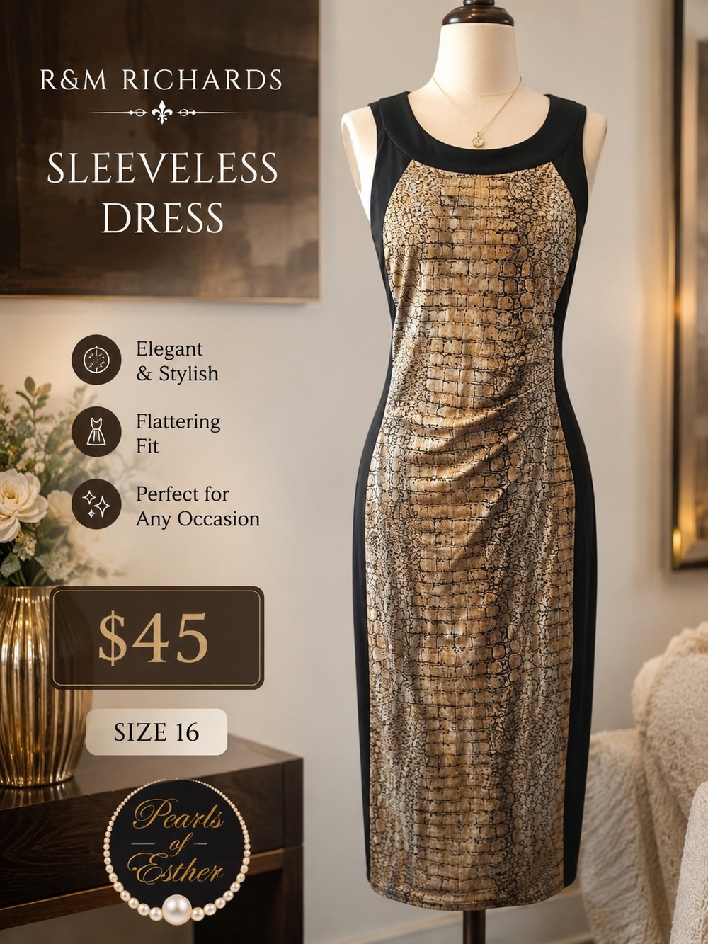 R&M Richards Sleeveless Black & Gold Snake-Print Dress